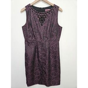 Eliza J Plum Black Floral Brocade Beaded Neck Sheath Cocktail Dress Size 10
